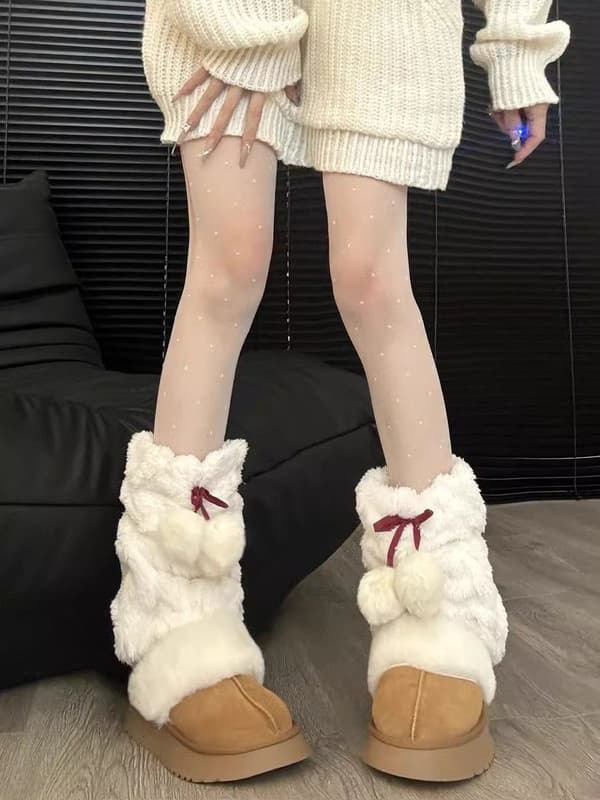 wxsp 1 Par Fluffy Benvarmere med Pompom Bløde Slouch Sokker Cremefarvede til Kvinder Piger Vintervarme og
