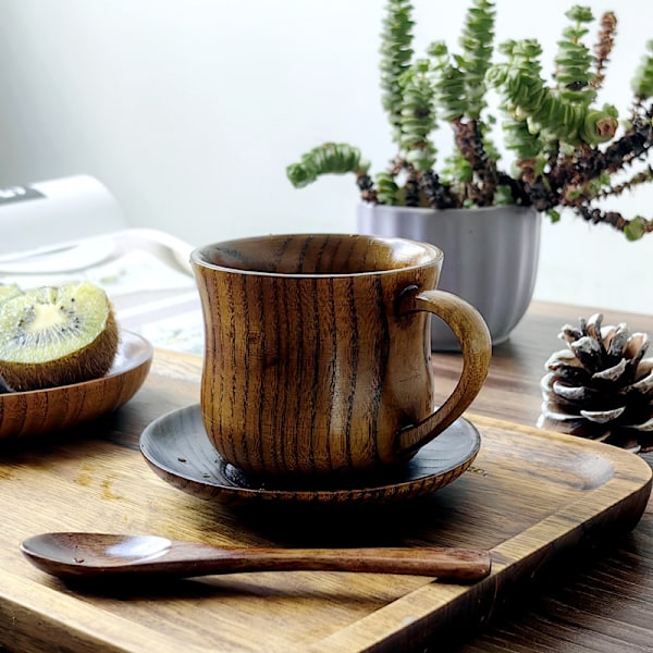 3 st/set Träkopp Fat Skål Sked Set Kaffe Te Verktyg Tillbehör