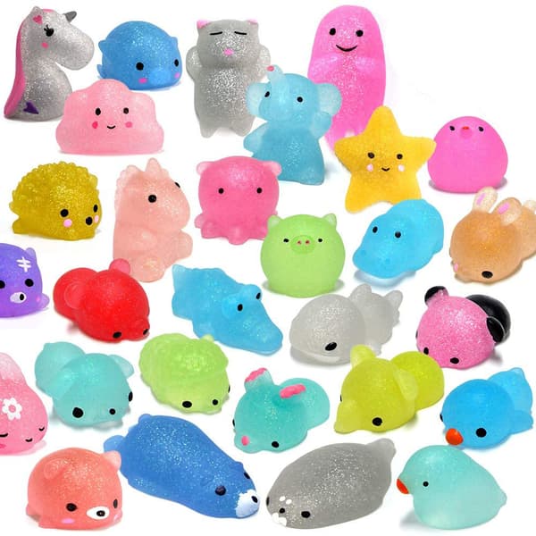 20 stk. påskekurvfyld med Squishy-legetøj (tilfældig stil), forfyldte påskeæg med glitter mini bløde dyr, Squishy