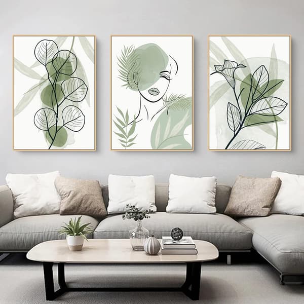 Set med 3 premiumkvalitetsposters - Abstrakt grön bladdesign - Canvasmålning - Ramlös väggkonst - 40 x 50 cm