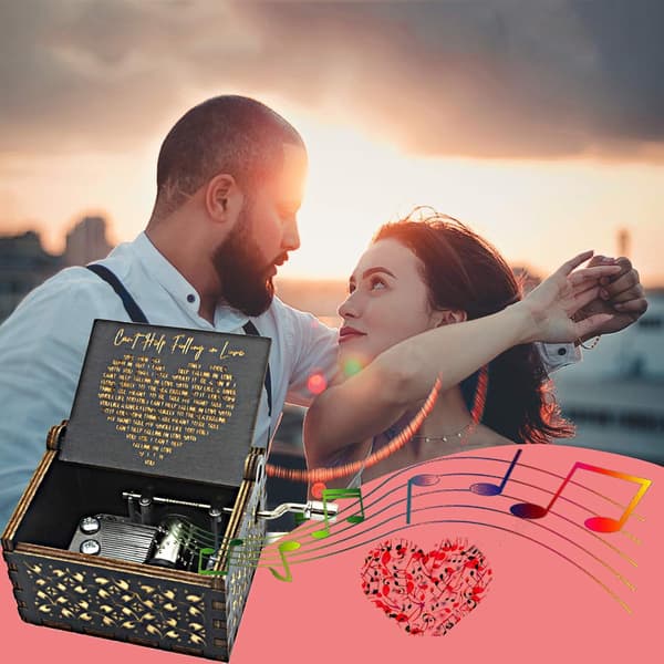 Can't Help Falling in Love träharmonika, antika graverade speldosor för kärlek, en träharmonika