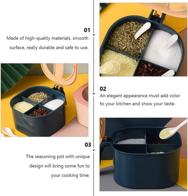 Kitchen Square Spice Box with 4 Compartments and Spice Jars with Lids