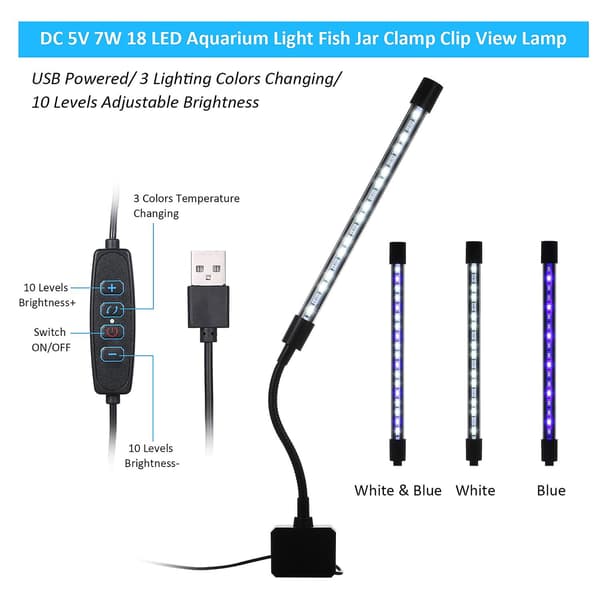 D C 5V 7W 18 LED Aquarium Lamp Fish Tank Clip Light USB Powered 3 Light Colors