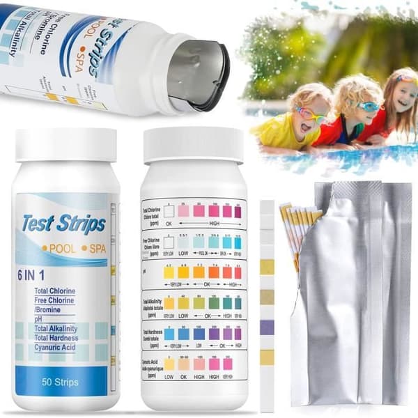 50 st Pool Testremsor 6 i 1 Test Totalt Klor, Fritt Klor/Brom, PH, Total Alkalinitet, Total Hårdhet, Syra