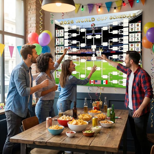 VM 2026-kampprogramplakat, 95x75 cm gjenbrukbare flaggklistremerker, turneringsplan – fotballgave, dekorasjon til kampdag