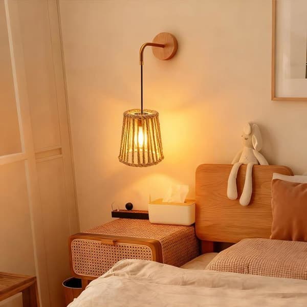 Handwoven Natural Rattan Lampshades - 2 Pieces, Boho Style for E27/E14, Ceiling/Wall Lamp Decoration (Natural)