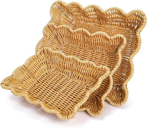 3-pack poly-korgar för bröd, rektangulära bordskorgar i imiterad rotting för frukt, grönsaker och snacks
