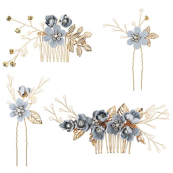 4 stk Håndlagde Mote Hårkamsett Blomster Brud Hodeplagg Hårtilbehør Rhinestone Wedd Blue