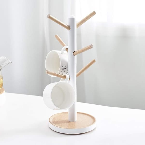 Koppholder i tre, avtakbart displaystativ for kaffe- og tekopper til benk, stativ med 6 kroker (hvit) hvit White