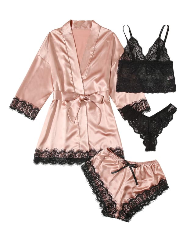 Dam satin pyjamas set 4 delar blommig spets trimmad camisole underkläder pyjamas med morgonrock L