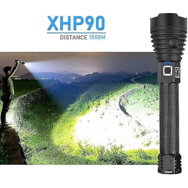 LED Lommelygte, 10000 Lumen Xhp90 Ultra Kraftfuld Justerbar Zoombar Vandtæt Lommelygte, USB Genopladelig Lommelygte