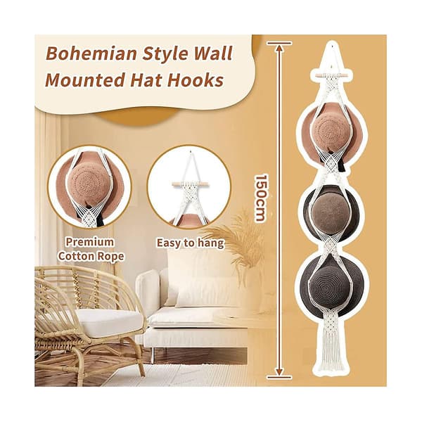 Macrame Hat Rack for Wall Display, Boho Mia Hat Holder for Decorative Storage