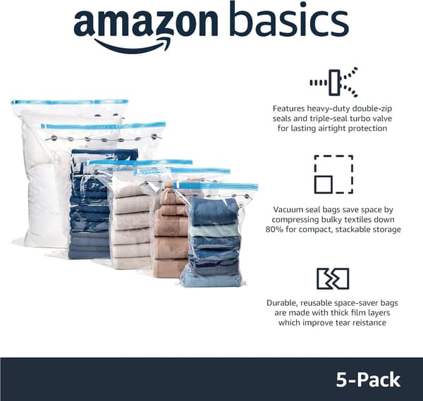 Vacuum Compression Storage Bags with Zipper, Airtight Valve and Hand Pump, Large, 5-Pack, Clear