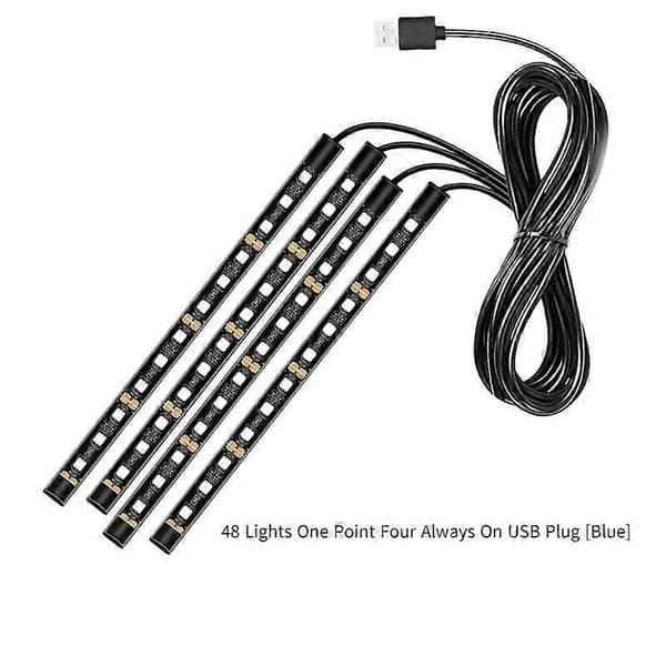 Neonlysring for bil - 48 lys, en til fire, alltid på, USB-plugg [Blå] (Ett sett)