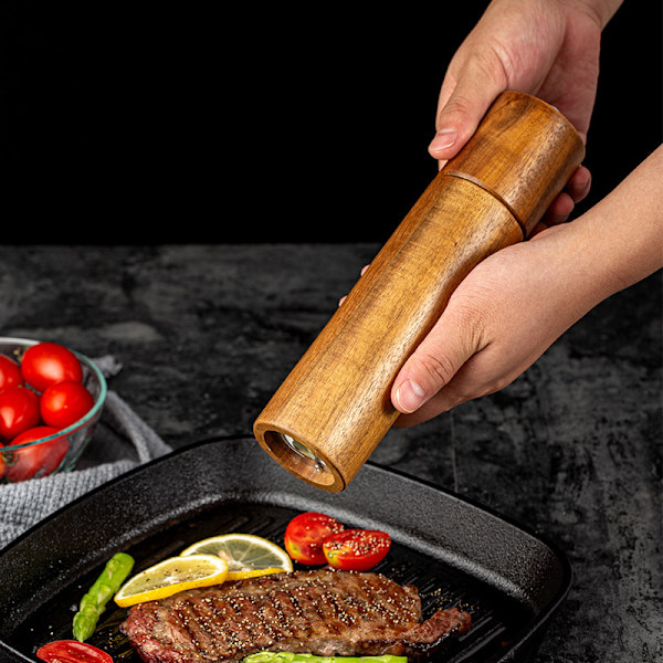 Träsalt- och pepparkvarnset, 8 tum manuell salt- och pepparkvarn, justerbar grovhet och påfyllningsbar, träpeppar
