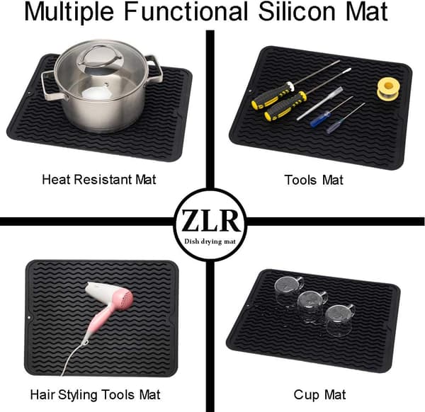 Two-piece silicone dish drying mat for kitchen counter, easy-to-clean multifunctional drying mat, large 30 x 40 cm, black
