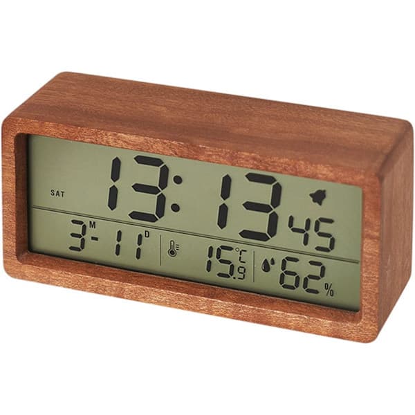 Digital Alarm Clock Battery LCD Wooden Clock with Backlight Temperature and Humidity for Home, Style 1
