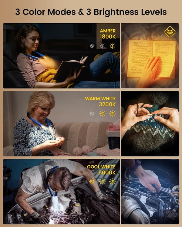 Upgraded LED Reading Light/Bedside Reading Light with Neckband, with 30-Minute Timer, 3 Colors and 3 Adjustable Brightness Levels.