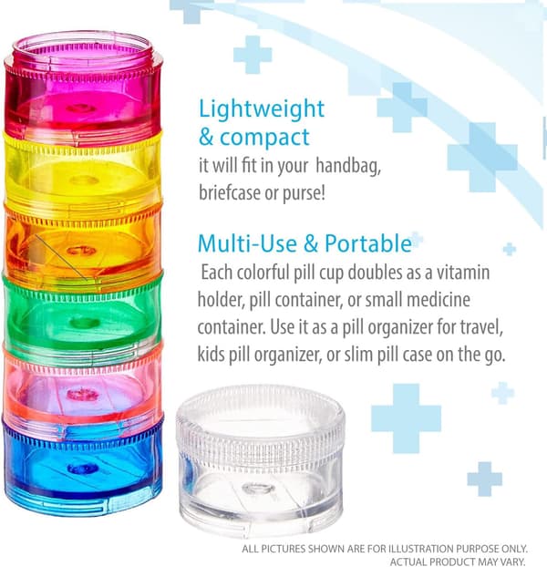 Stackable Pill Box (2-pack), 7-Day Weekly Pill Box Tower with Twist-Lock Compartments, BPA-Free, Travel Medicine Container and Vitamin Dispenser, Com