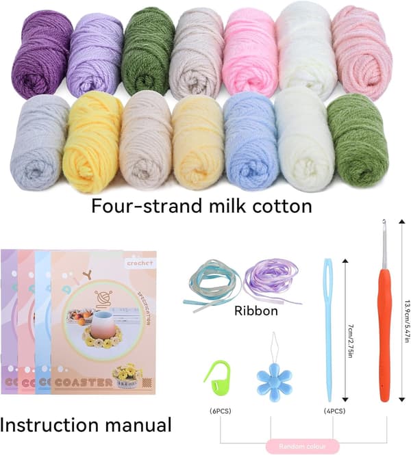 Crochet Kit for Beginners, 4 Pcs Crocheted Coasters, Floral Coasters Crochet Set with Step-by-Step Video Guides Style 4 Style 4