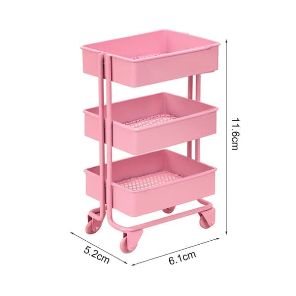 Rolling Storage Cart with Metal Trolley, Multifunctional Three-Tier Storage Organizer with Perforated Basket Bottom, Sturdy and Pink