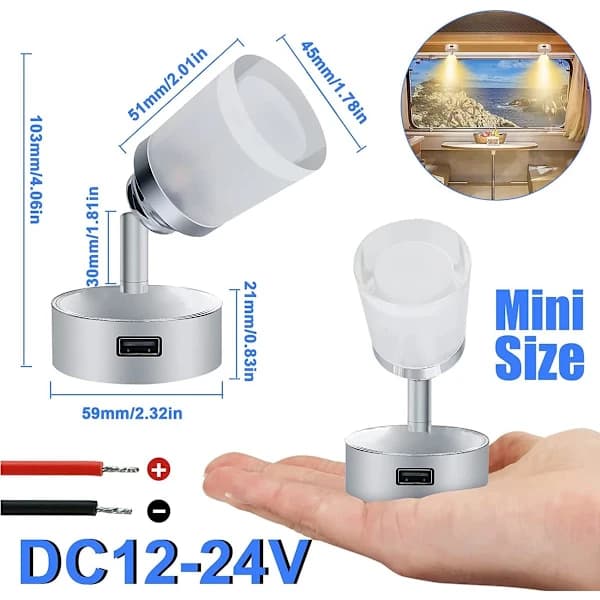 12V LED-leselys med USB, 3W berøringsbryter veggspotlight, dimbar sengelampe for campingvogninteriør, båt, bobil [JUN] 12V LED-leselys med US...
