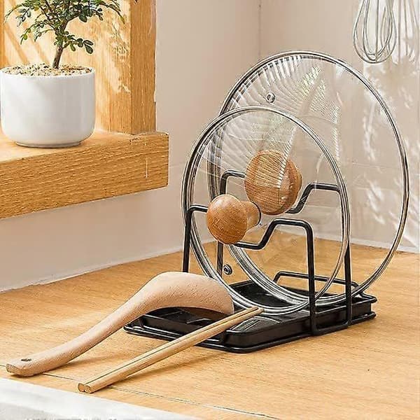 Pot Lid Holder, Cutting Board, Spoon Rest, Cutting Board Organizer Rack with Drip Tray (Black)