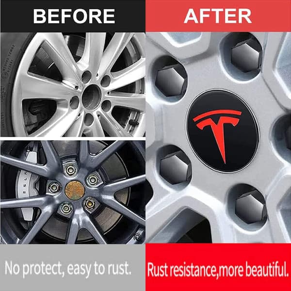 4 stk Aero Navkapselsett, Model 3 Hjulmutterdeksel, Navkapselsett med Tesla-logo, Mutterdeksel for Tesla Model 3 Model Y (Rød)