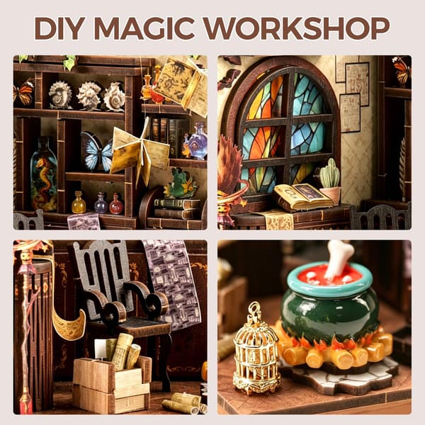 Bogkrog-sæt – DIY miniaturehus-sæt, Bogkrog-sæt til voksne, 3D træpuslespil håndværksværkstedsscene, Bogreol dekorationsindsats, Hjemmekontor & Magisk Værksted Magic Workshop