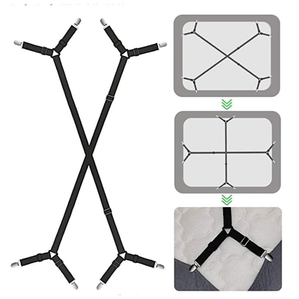 Sänglakanhållare Remmar - Justerbara Korsade Klämmor Elastiskt Band Anpassat Sänglakan Fäst Suspenders Grippers, 2 st/set Svart