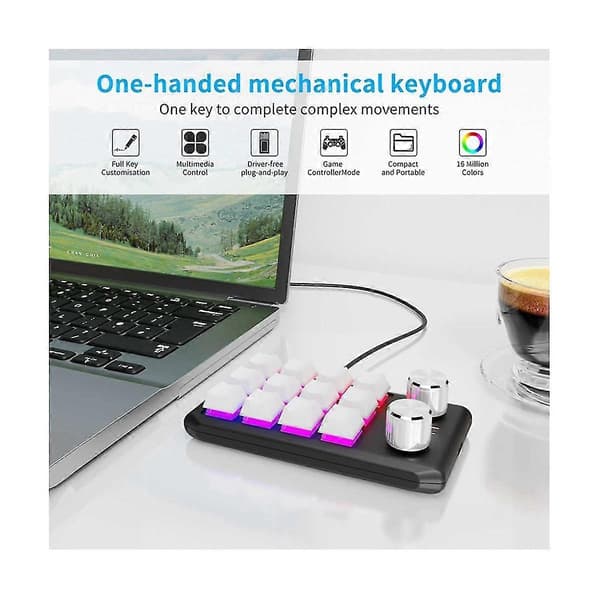 Anpassningsbart tangentbord med volymratt, programmerbara makron, gaming, hotswap, vit, 12 tangenter, 2 rattar, USB