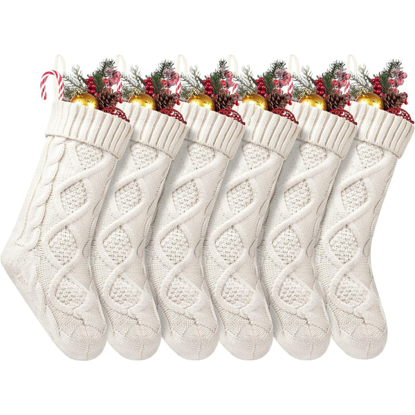 6 stk julestrømper stor størrelse kabelstrikkede strømper Gaver og dekorasjoner til familiejulefest, elfenbenshvit