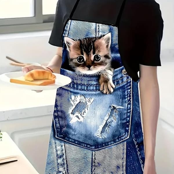 Sleeveless Apron with Adjustable Straps, 3D Cute Cat Print, 60x80cm Kitchen Gardening Grilling – Light Blue
