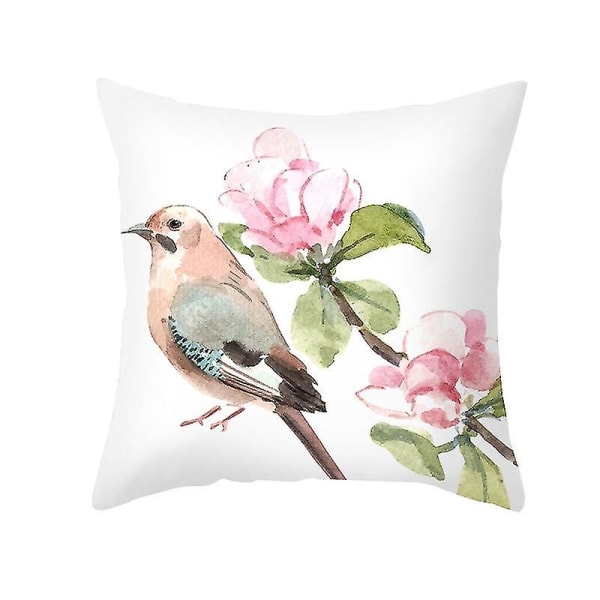 Putetrekk i nordisk stil med akvarellblomster og fugler for sofa
