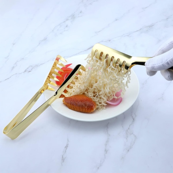 Pastatång i rostfritt stål, spagettitång med tänder, serveringstång för nudlar, spaghetti, matlagning (set med 2, glänsande guld)