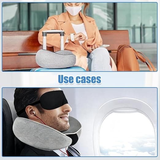 Memory Foam Neck Pillow for Airplanes - 360° Adjustable Neck Angle, Includes Eye Mask and Earplugs (Light Gray)
