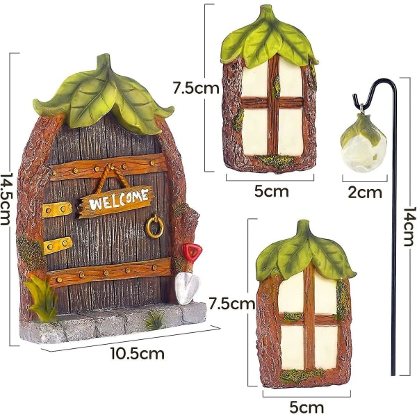Fe-Dør Havefe-Dør Og Vindue Til Træer, 14cm Harpiks Miniature Fe-Dør Pixy Dør Have Dekoration, Gløder I Mørket (blade)