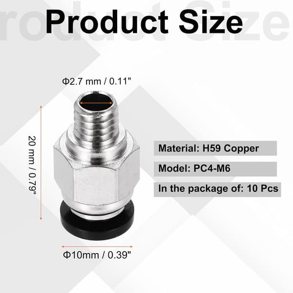 10 stk. pneumatisk fitting, PC4-M6 Push to Connect rørfittings, lige gennemgående fitting til 3D-printer, 2x4mm rør, sort Black