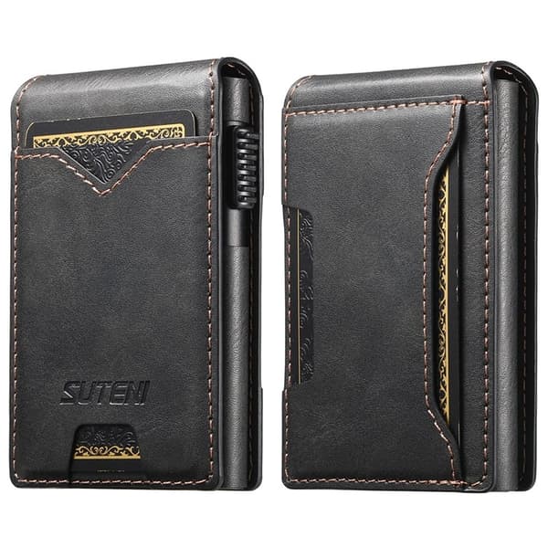 SUTENI Card Holder Automatic Pop-Up Metal Embossed Waxed Texture Black