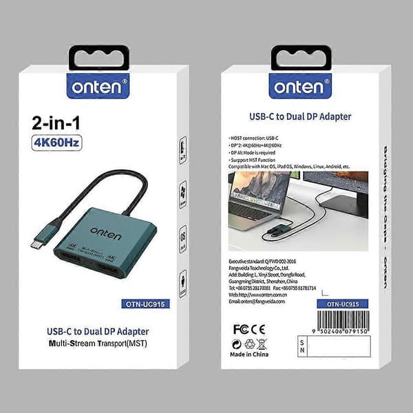 ONTEN OTN-UC915 USB-C til Dobbelt DP 4K 60Hz Konverter Multi-Skærm Display Adapter