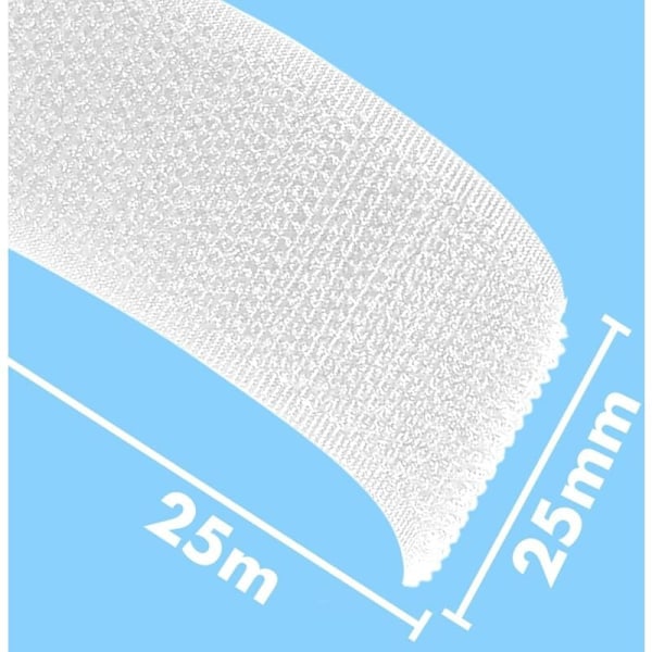 25 meter x 25 mm självhäftande kardborreband, självhäftande kardborreband, självhäftande tejp, 25 mm bredd, 25 m kardborre och 25 m ögla, vit KLB