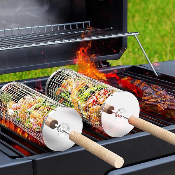 Set of two stackable BBQ baskets, removable handle, 304 stainless steel, BBQ accessories, vegetables, shrimp, charcoal grill, two sets, one large, one small