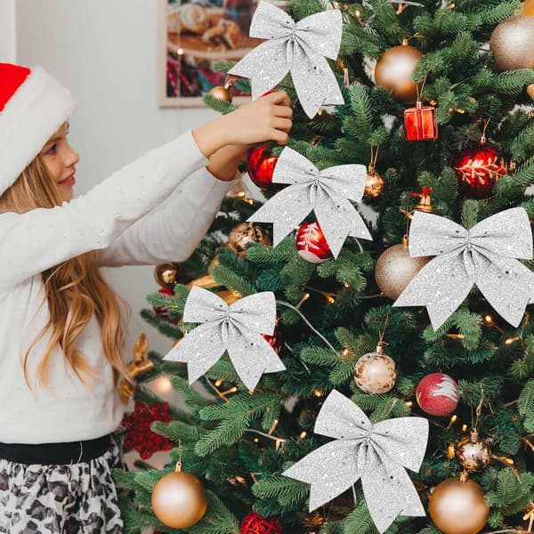 24 glitter jule-rosetter, julebåndsrosetter, til julekranse, juledekorationer (sølv)