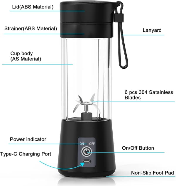 380 ml Mini Bærbar Blender med Seks Blader, Personlig Størrelse