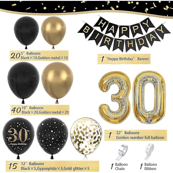 30. Syntymäpäiväjuhlat Naisille, Onnellinen Syntymäpäivä Garland Pallon Musta Kulta Koriste