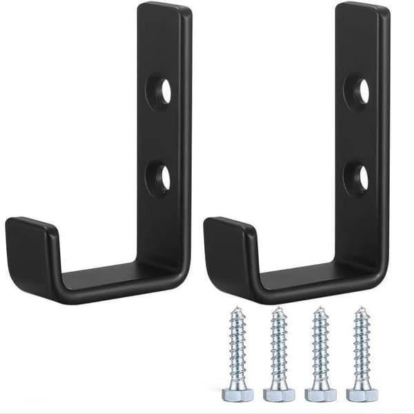 Heavy Duty J-Shaped Garage Hooks - 2 Pcs Wall Mounted Metal Storage Hooks (Black)