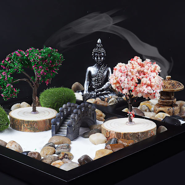 Skrivbords mini trädgård med vit sand konstgjord bonsai, träd stenar, kratta och tillbehör - Kontorsdekoration sandträdgårdssats