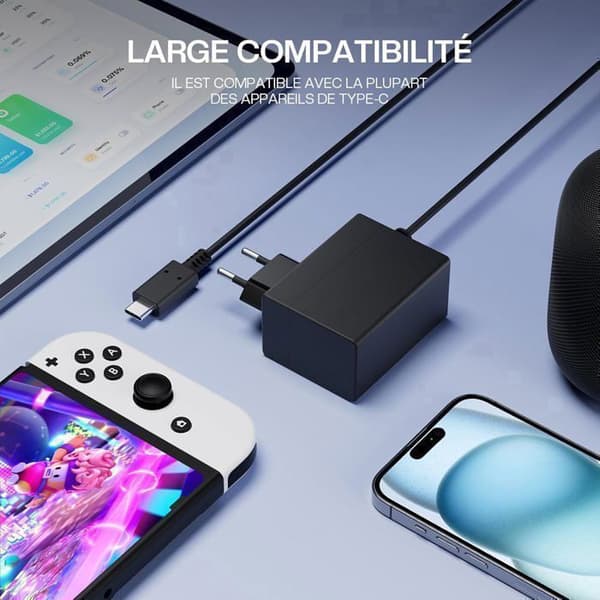 Strømadapter til Switch/OLED/Lite – PD-hurtigoplader, der understøtter TV-tilstand (USB-C, 15V/2.6A)