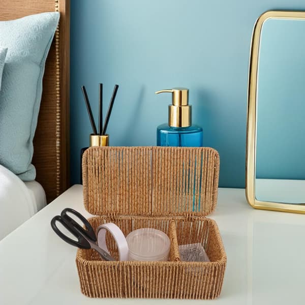 Woven Shelf Baskets with Lids - Rectangular Rattan Storage Basket with 2 Dividers