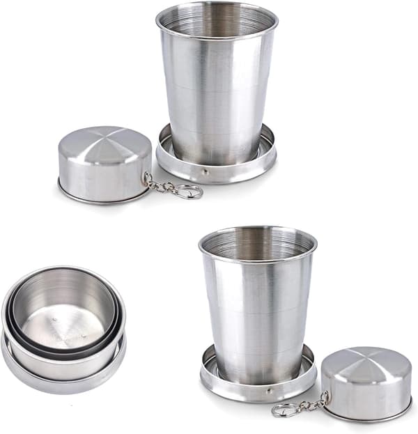 2-delt sammenklappelig kop i rustfrit stål, 250 ml, perfekt til rejser, med nøglering, ideel til camping og vandreture
